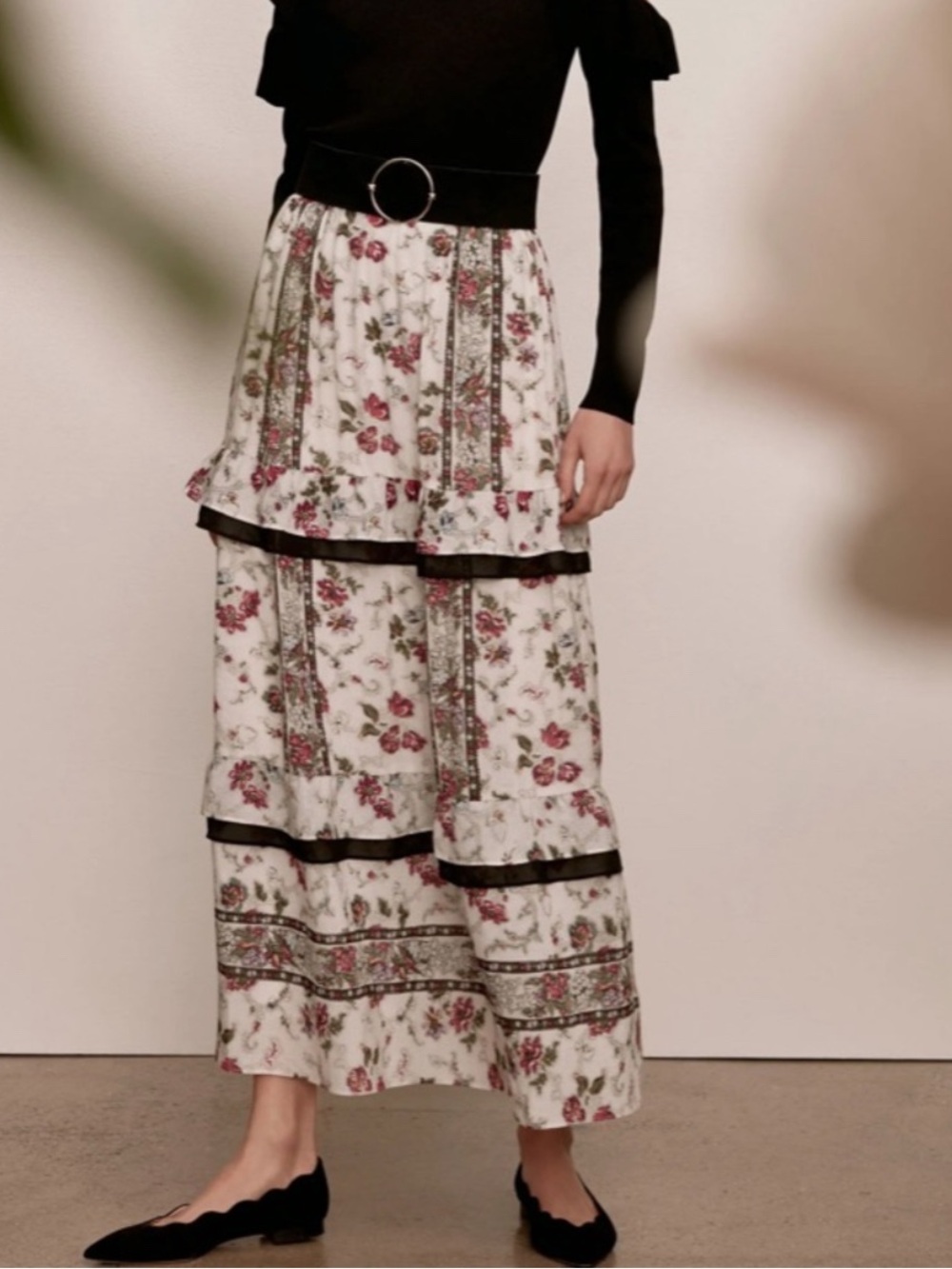 Club Monaco White Maxi Skirt with Pink Floral Border